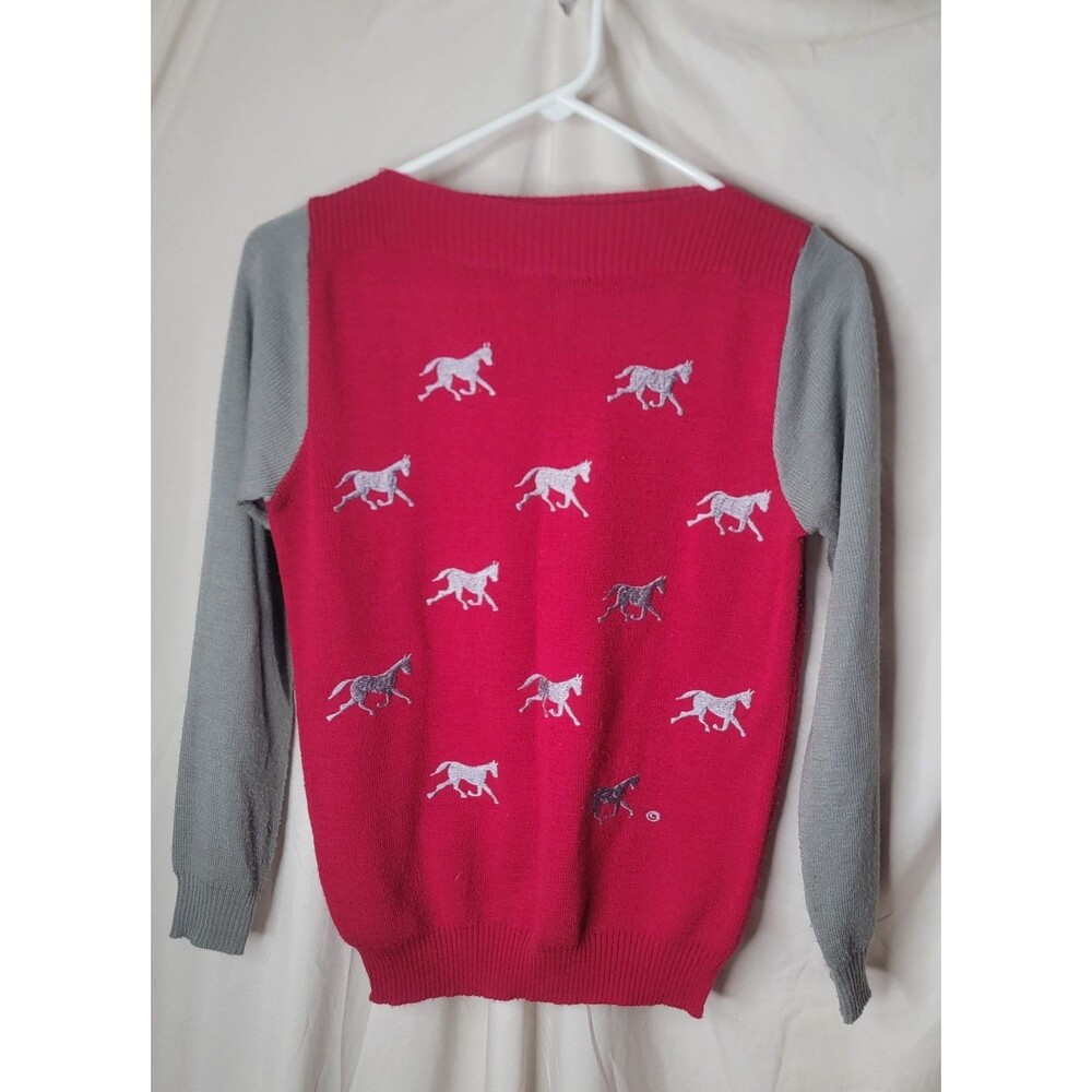 VTG Horse Sweater Womens Small Red Gray Equestrian Novelty Knit Cyn Les 90s